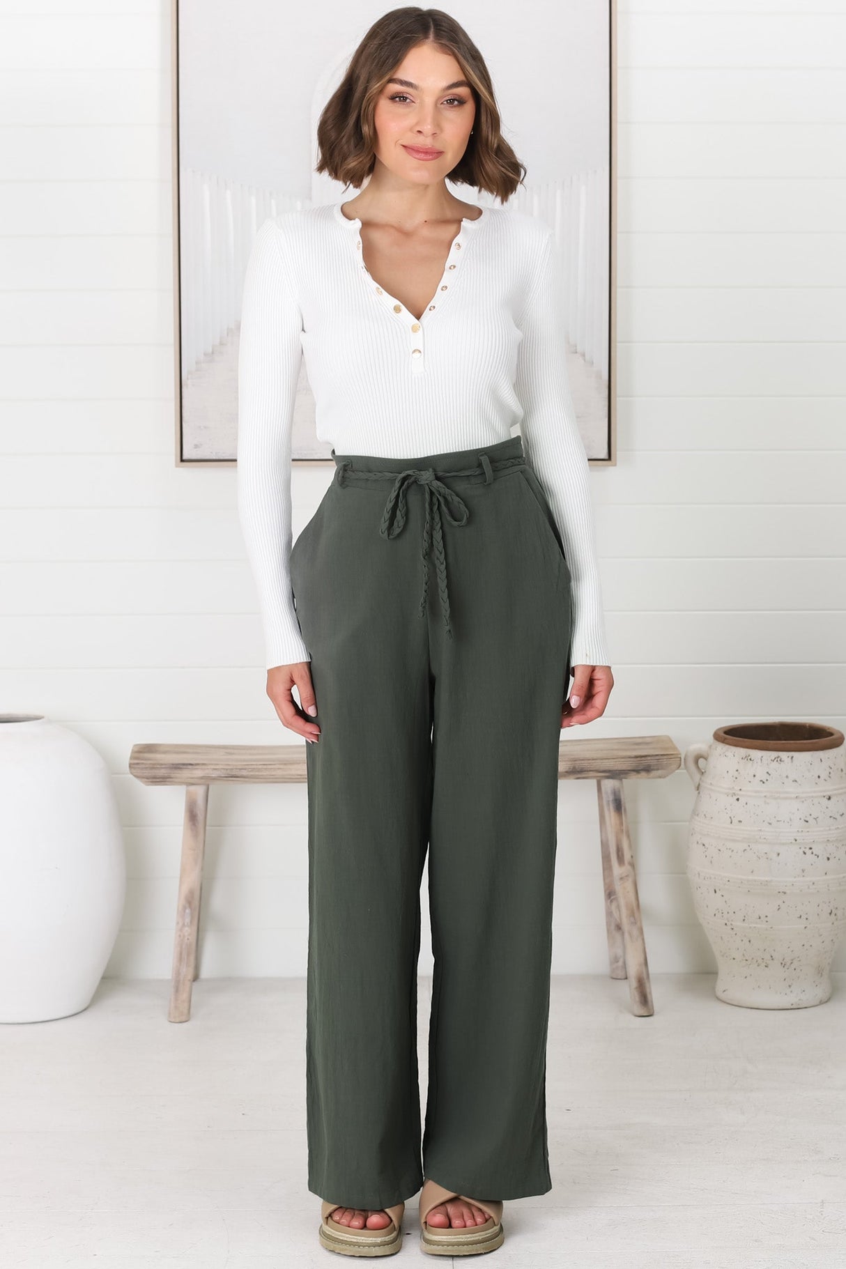 Roswell Pants - Cotton Wide Leg Pant with Plaited Belt in Green