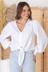 Amber Top - Button Down with Tie Detail Top in White