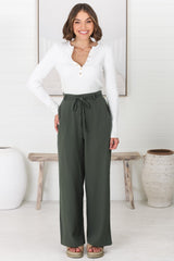 Roswell Pants - Cotton Wide Leg Pant with Plaited Belt in Green