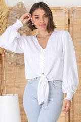 Amber Top - Button Down with Tie Detail Top in White