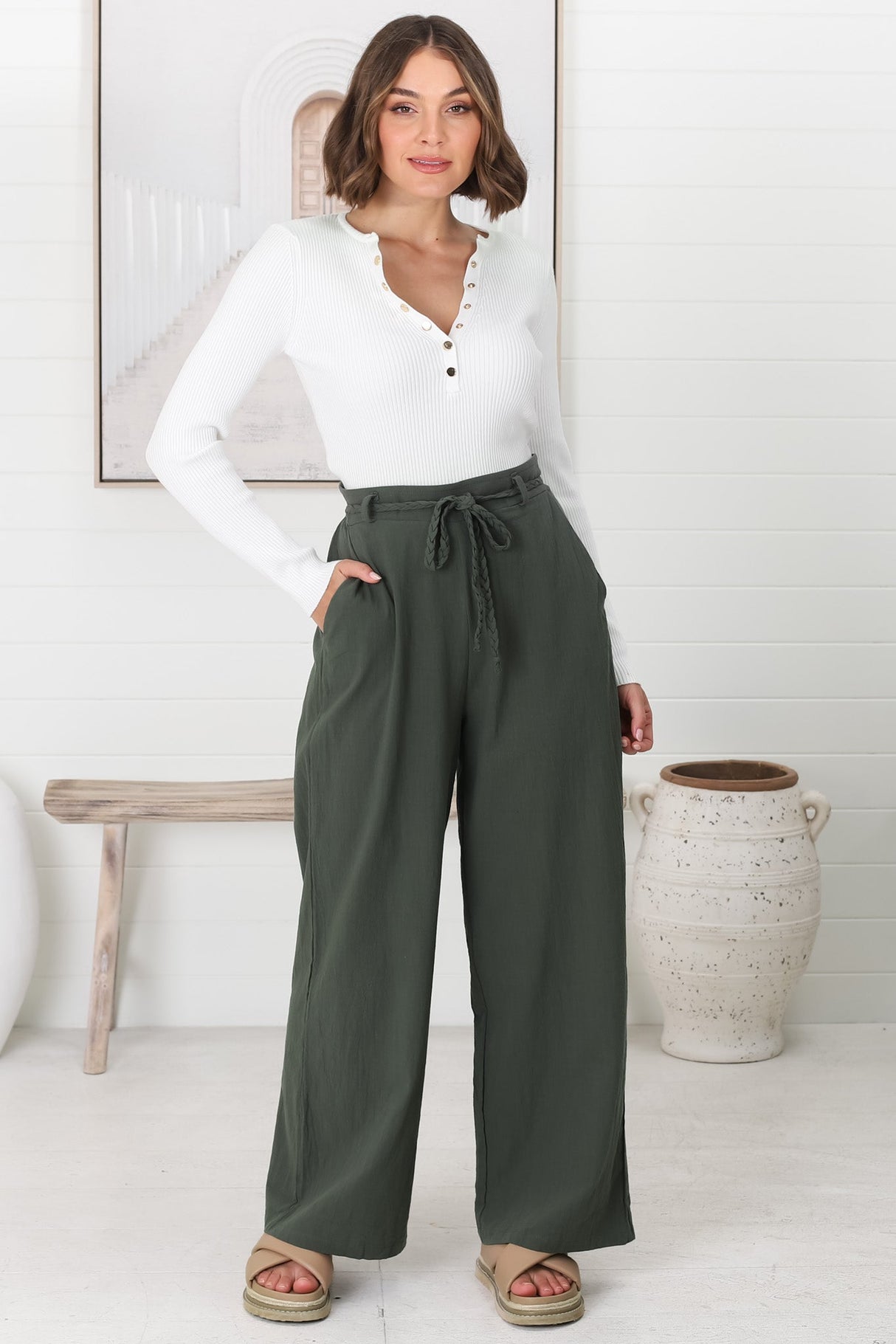 Roswell Pants - Cotton Wide Leg Pant with Plaited Belt in Green