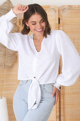 Amber Top - Button Down with Tie Detail Top in White