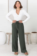 Roswell Pants - Cotton Wide Leg Pant with Plaited Belt in Green