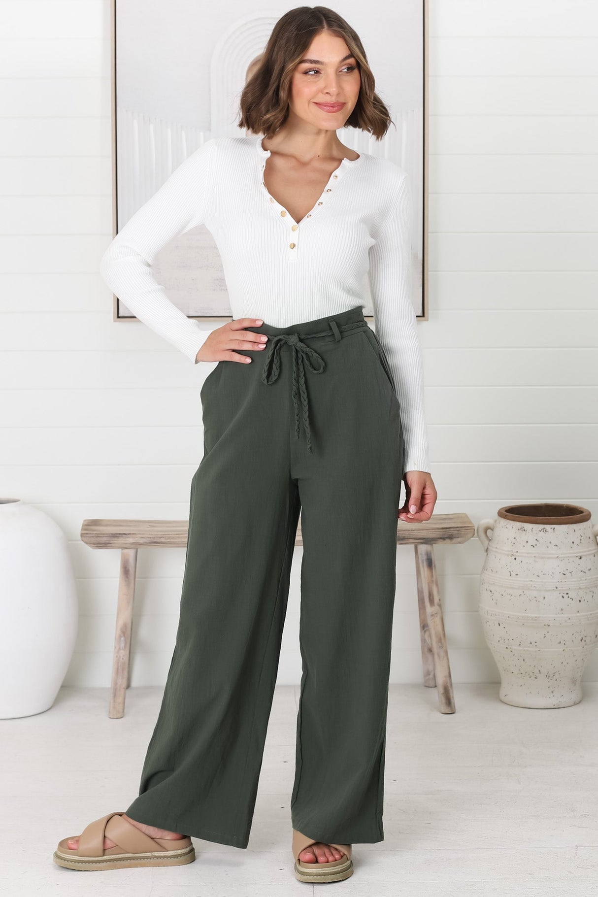 Roswell Pants - Cotton Wide Leg Pant with Plaited Belt in Green