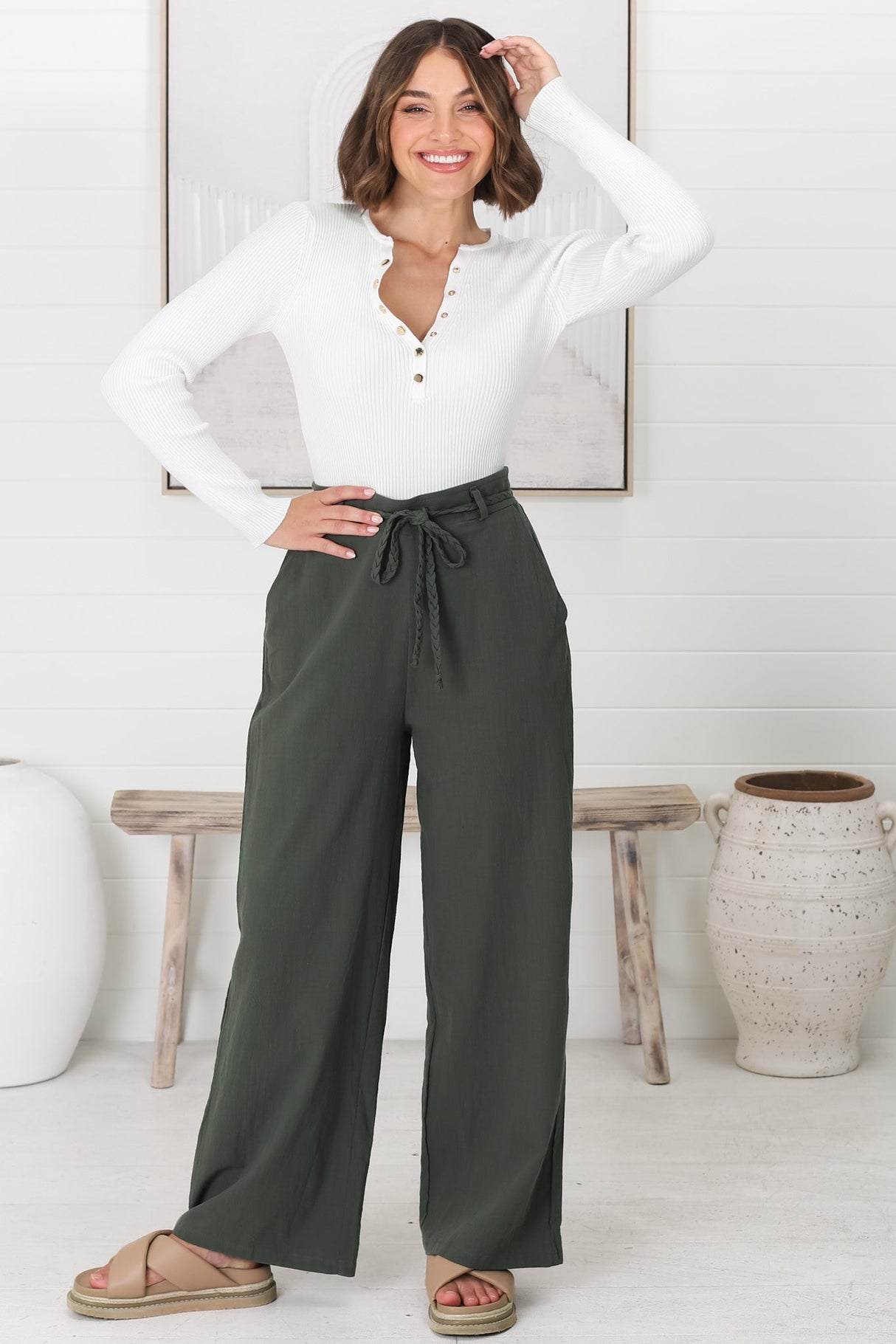 Roswell Pants - Cotton Wide Leg Pant with Plaited Belt in Green