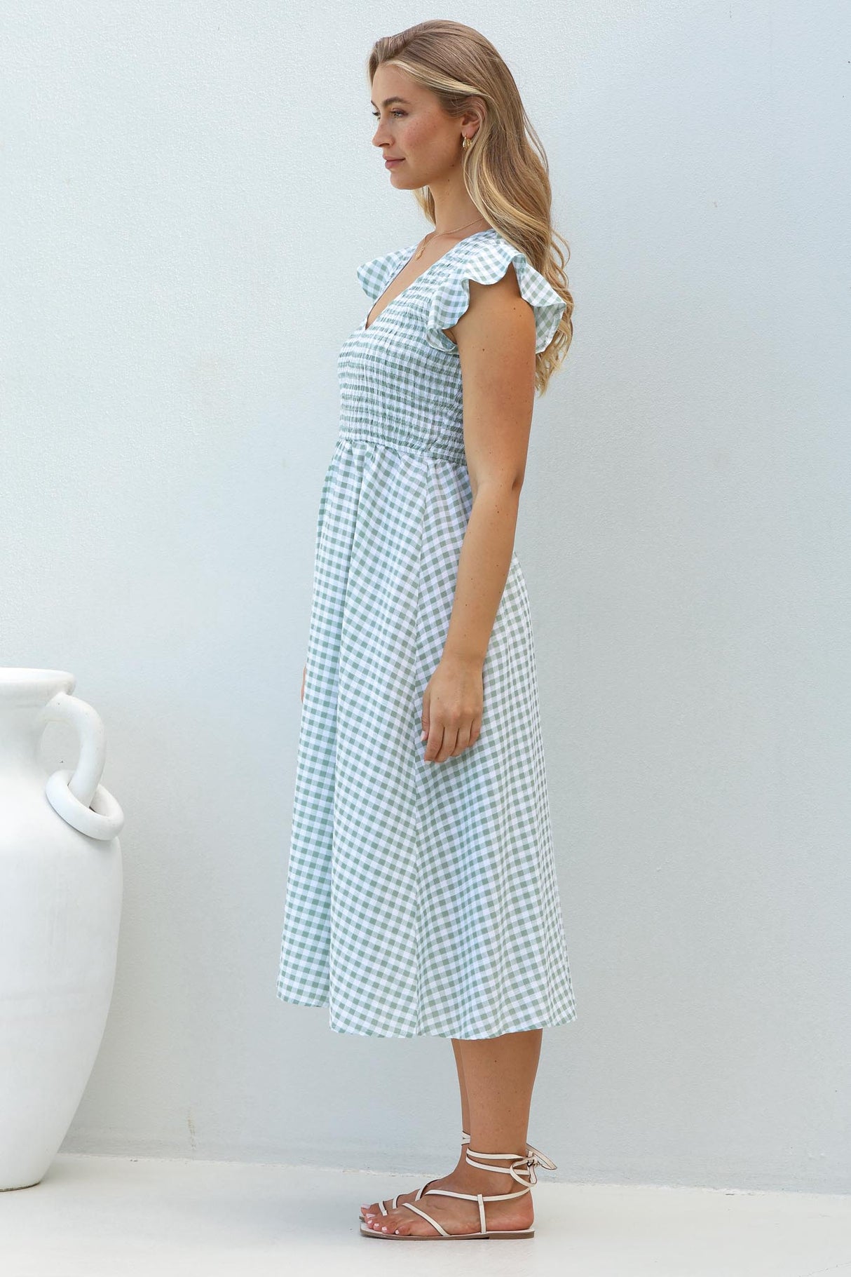 Mistee Midi Dress - Flutter Cap Sleeve Elasticated Bodice A Line Dress in Gingham Print Green