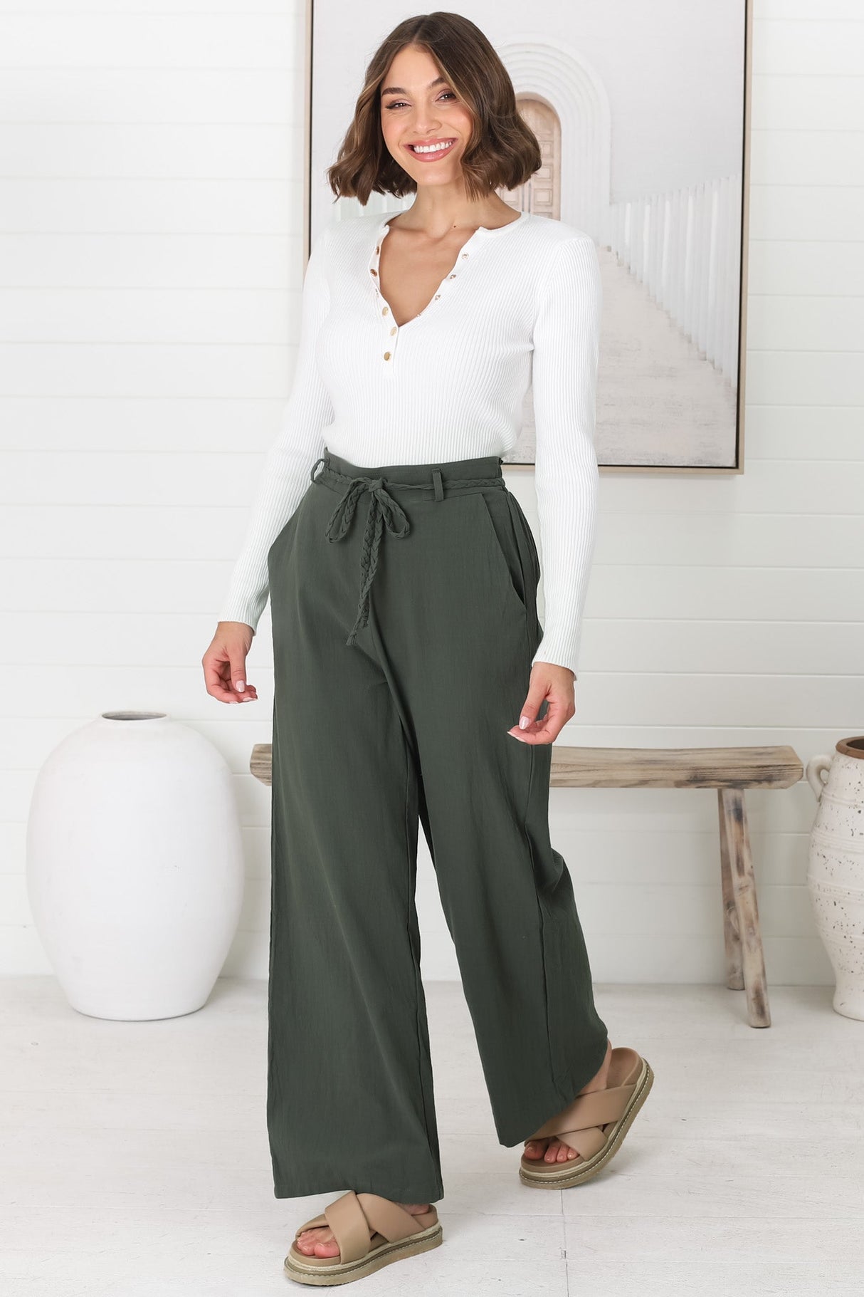 Roswell Pants - Cotton Wide Leg Pant with Plaited Belt in Green