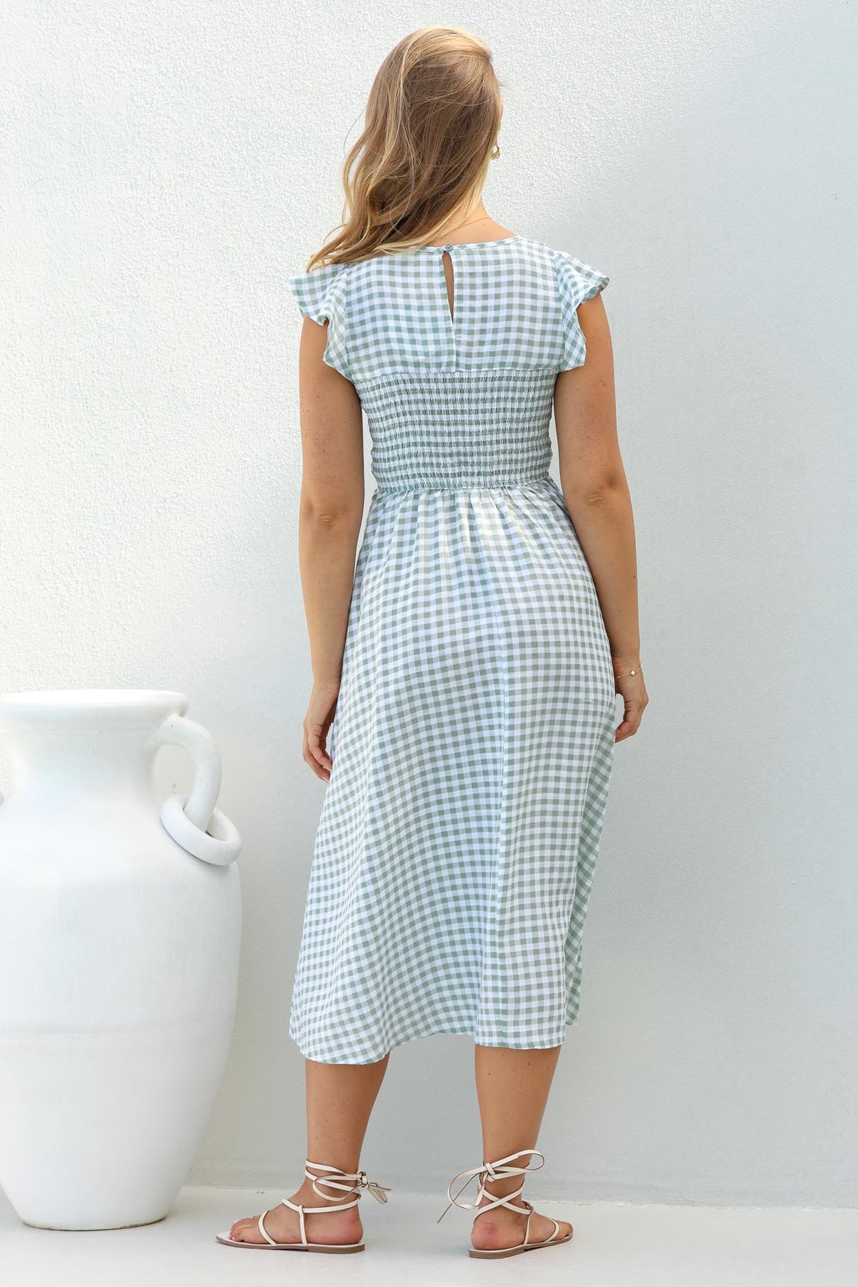 Mistee Midi Dress - Flutter Cap Sleeve Elasticated Bodice A Line Dress in Gingham Print Green