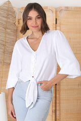 Amber Top - Button Down with Tie Detail Top in White