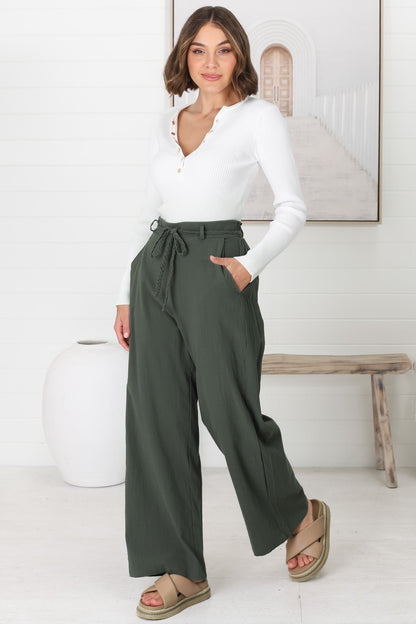 Roswell Pants - Cotton Wide Leg Pant with Plaited Belt in Green