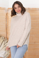 Trilly Jumper - Turtle Neck & Relaxed Fit with Step Hemline in Oat Marle