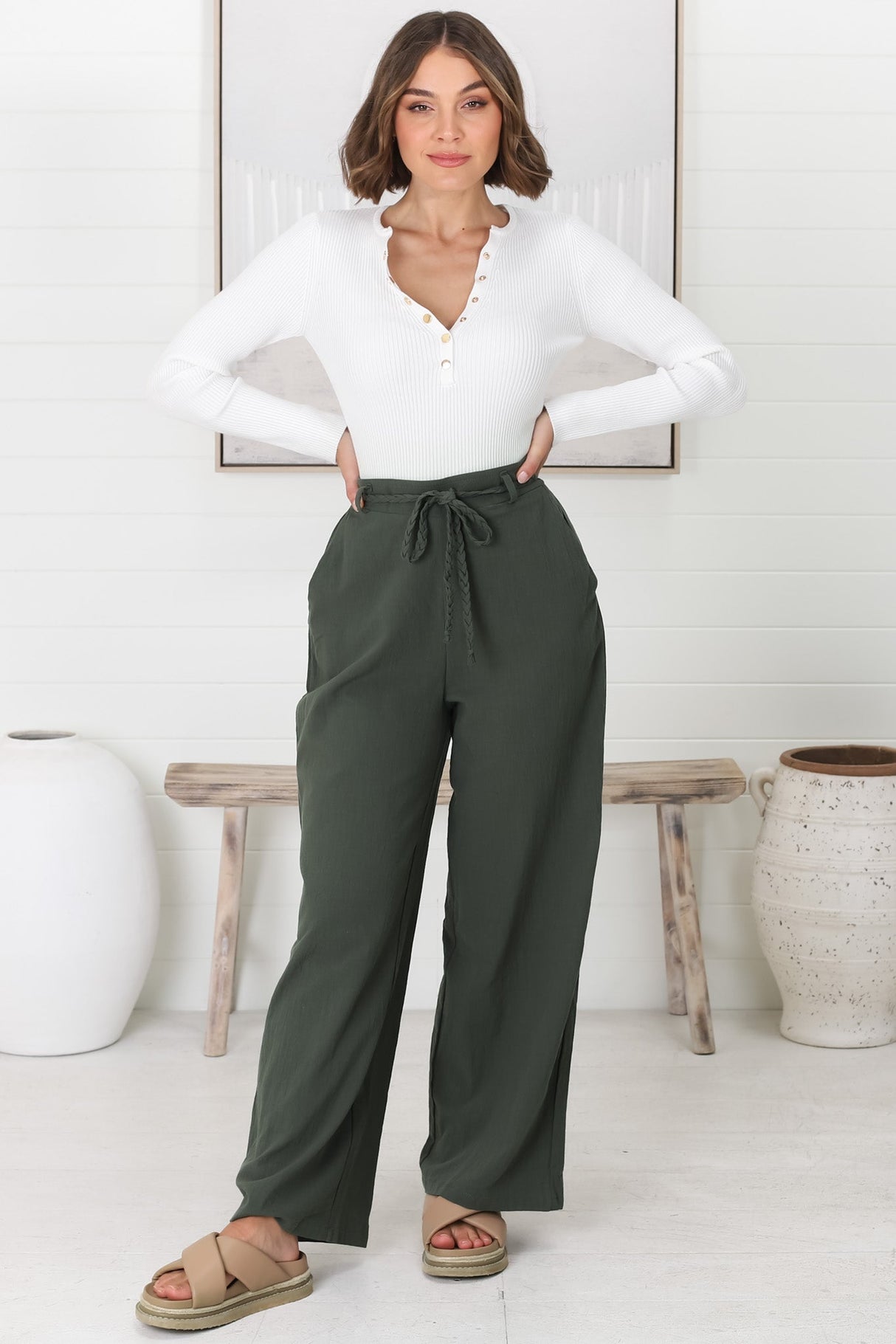 Roswell Pants - Cotton Wide Leg Pant with Plaited Belt in Green