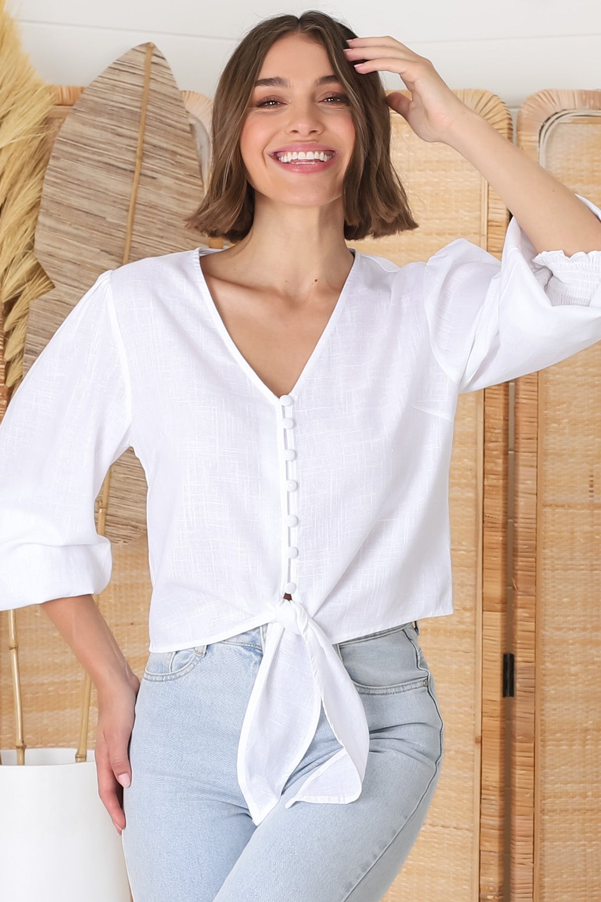 Amber Top - Button Down with Tie Detail Top in White