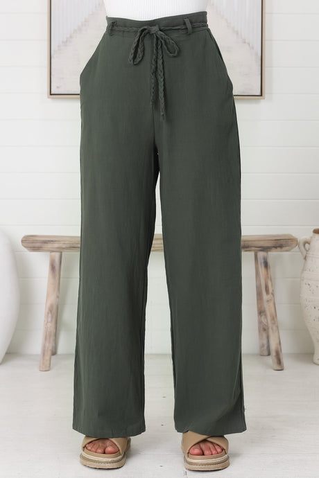 Roswell Pants - Cotton Wide Leg Pant with Plaited Belt in Green