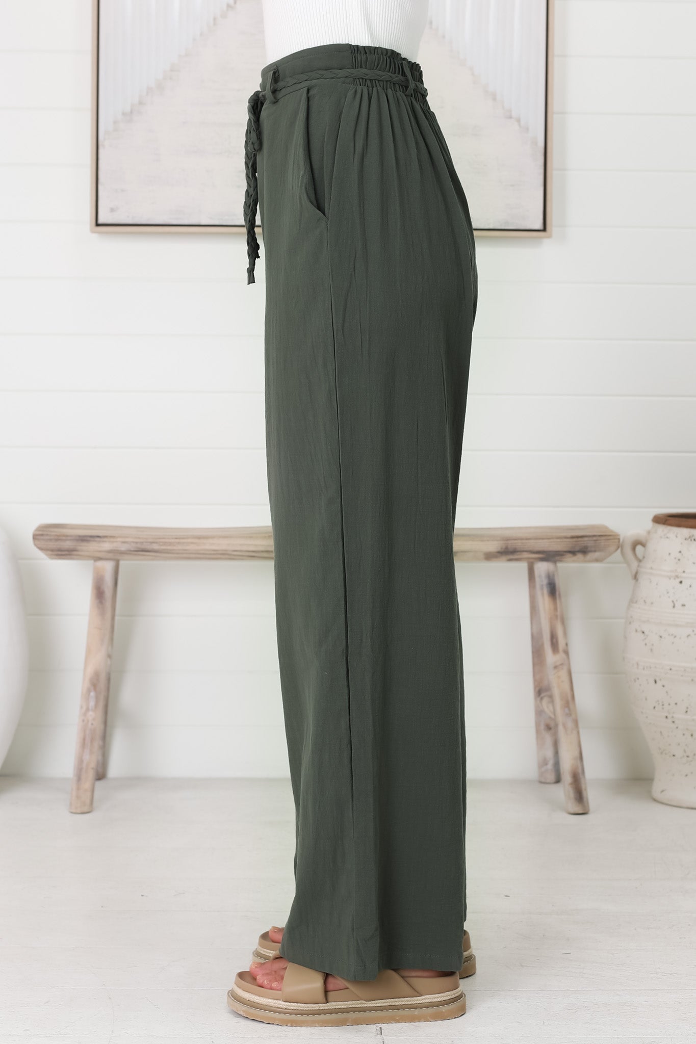 Roswell Pants - Cotton Wide Leg Pant with Plaited Belt in Green