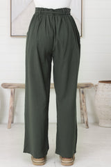 Roswell Pants - Cotton Wide Leg Pant with Plaited Belt in Green