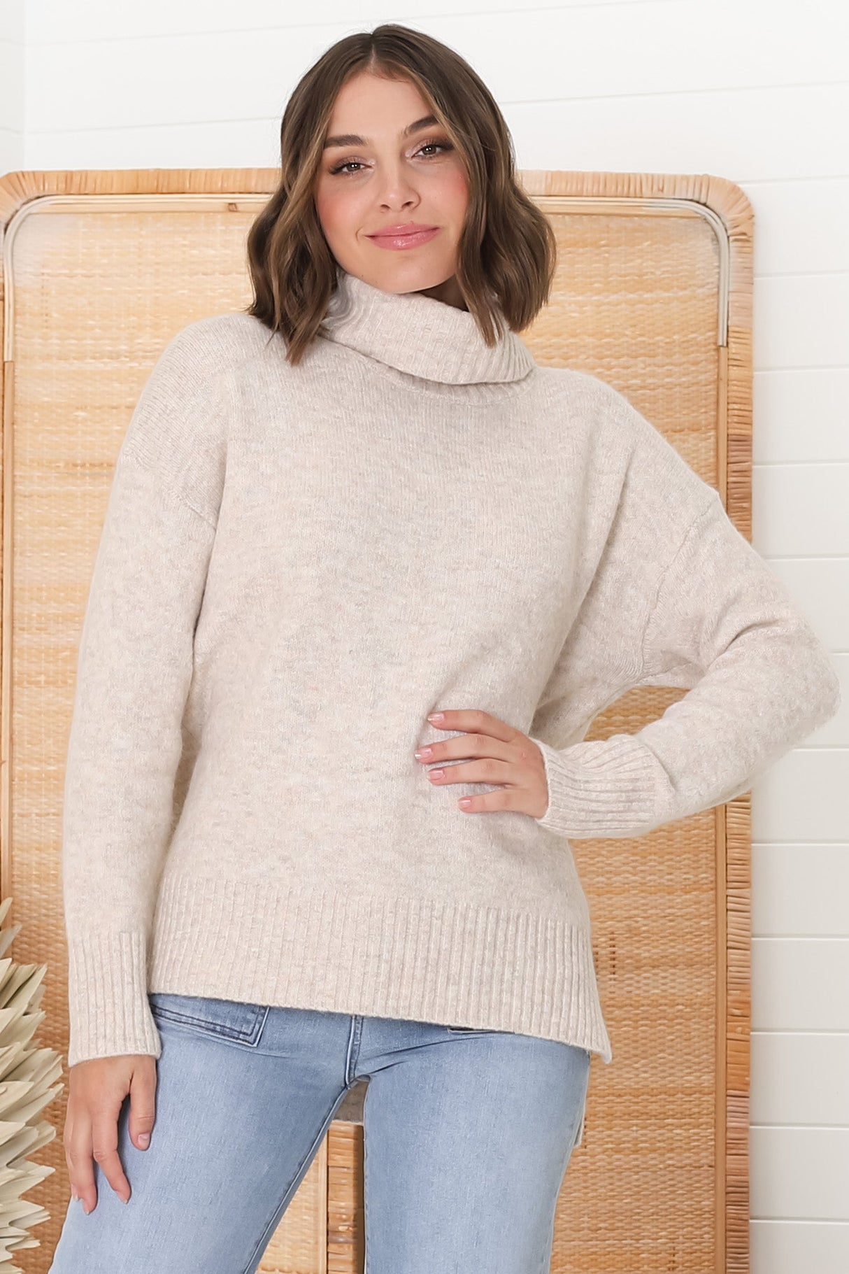 Trilly Jumper - Turtle Neck Realxed Jumper Step Hemline in Oat Marle