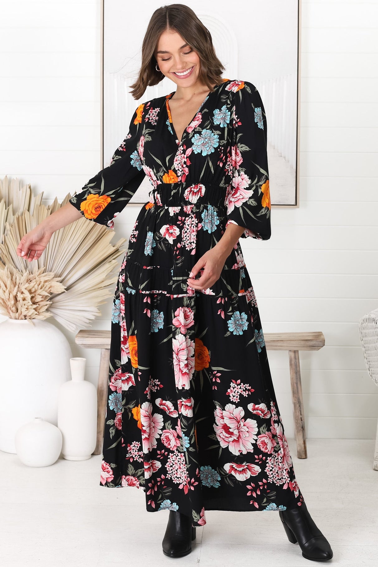 Elza Maxi Dress - A line dress with Balloon Sleeves in our Lena Print