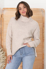 Trilly Jumper - Turtle Neck Realxed Jumper Step Hemline in Oat Marle