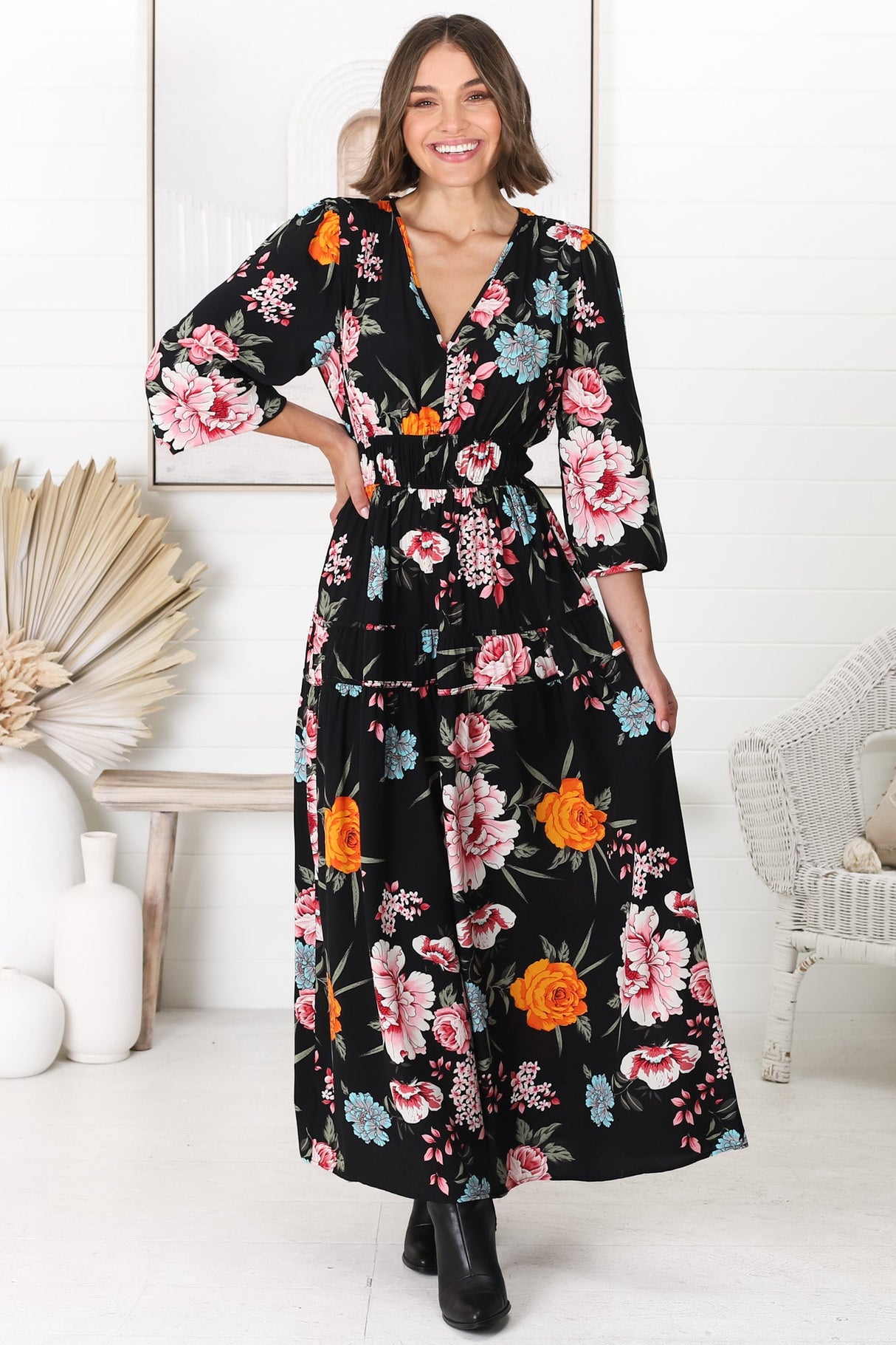 Elza Maxi Dress - A line dress with Balloon Sleeves in our Lena Print