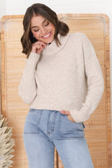 Trilly Jumper - Turtle Neck Realxed Jumper Step Hemline in Oat Marle