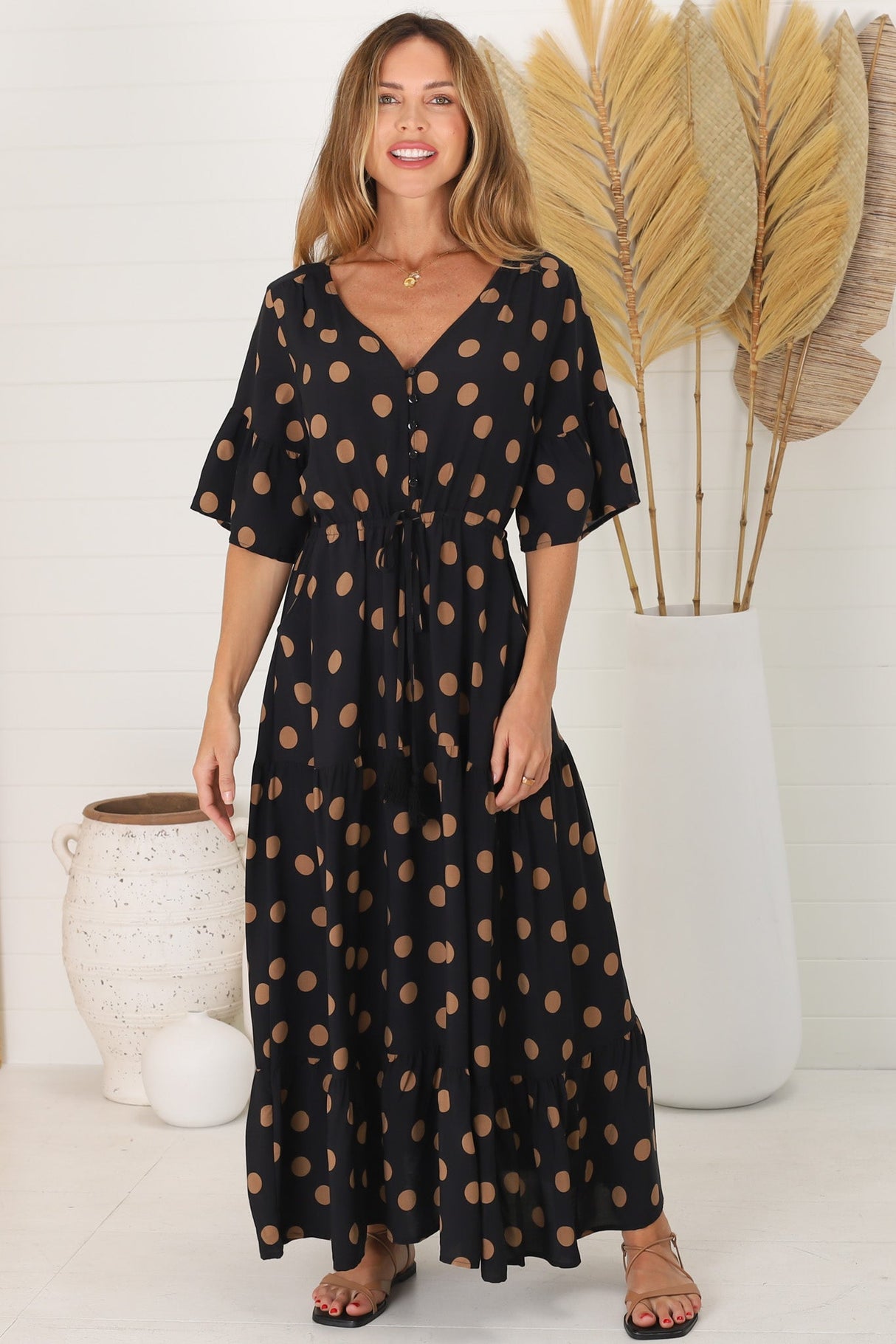 Rae Maxi Dress - Buttoned Bodice Pull Waist A Line Dress in Mahony Print