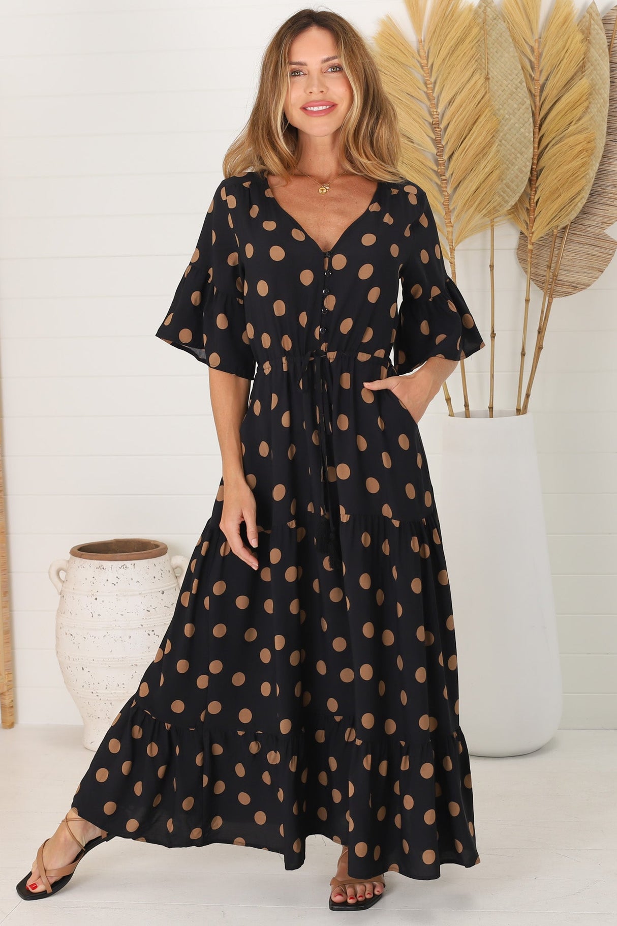 Rae Maxi Dress - Buttoned Bodice Pull Waist A Line Dress in Mahony Print