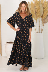 Rae Maxi Dress - Buttoned Bodice Pull Waist A Line Dress in Mahony Print