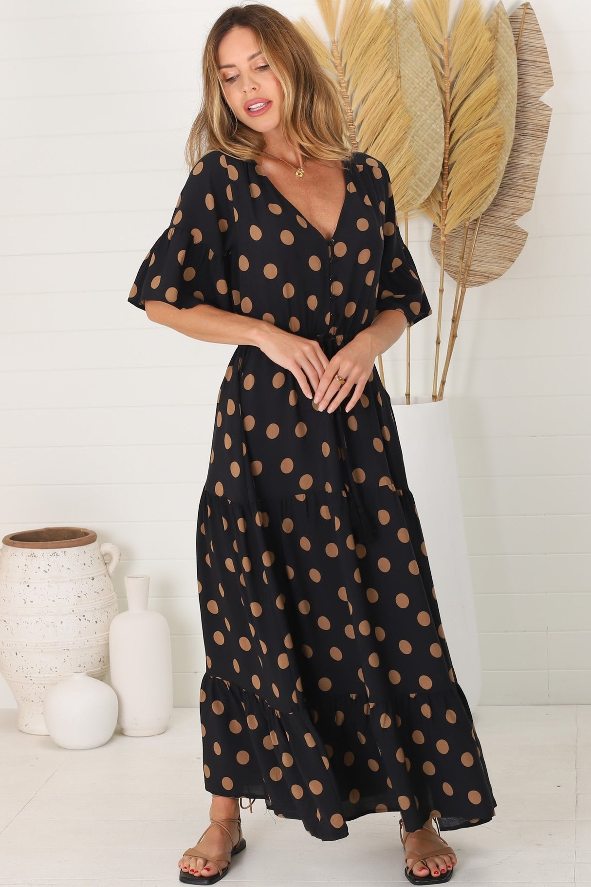 Rae Maxi Dress - Buttoned Bodice Pull Waist A Line Dress in Mahony Print