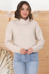 Trilly Jumper - Turtle Neck Realxed Jumper Step Hemline in Oat Marle