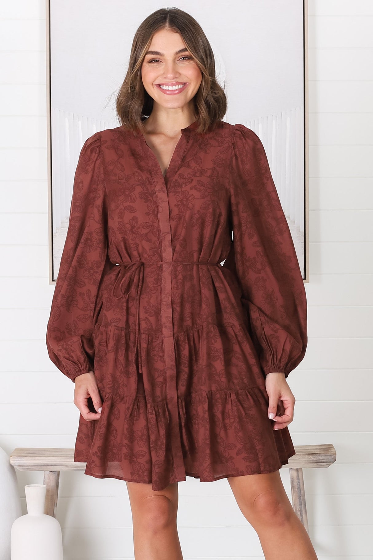 Danny Mini Dress - Mandarin Collar Buttoned Down Dress in Carrol Burgandy