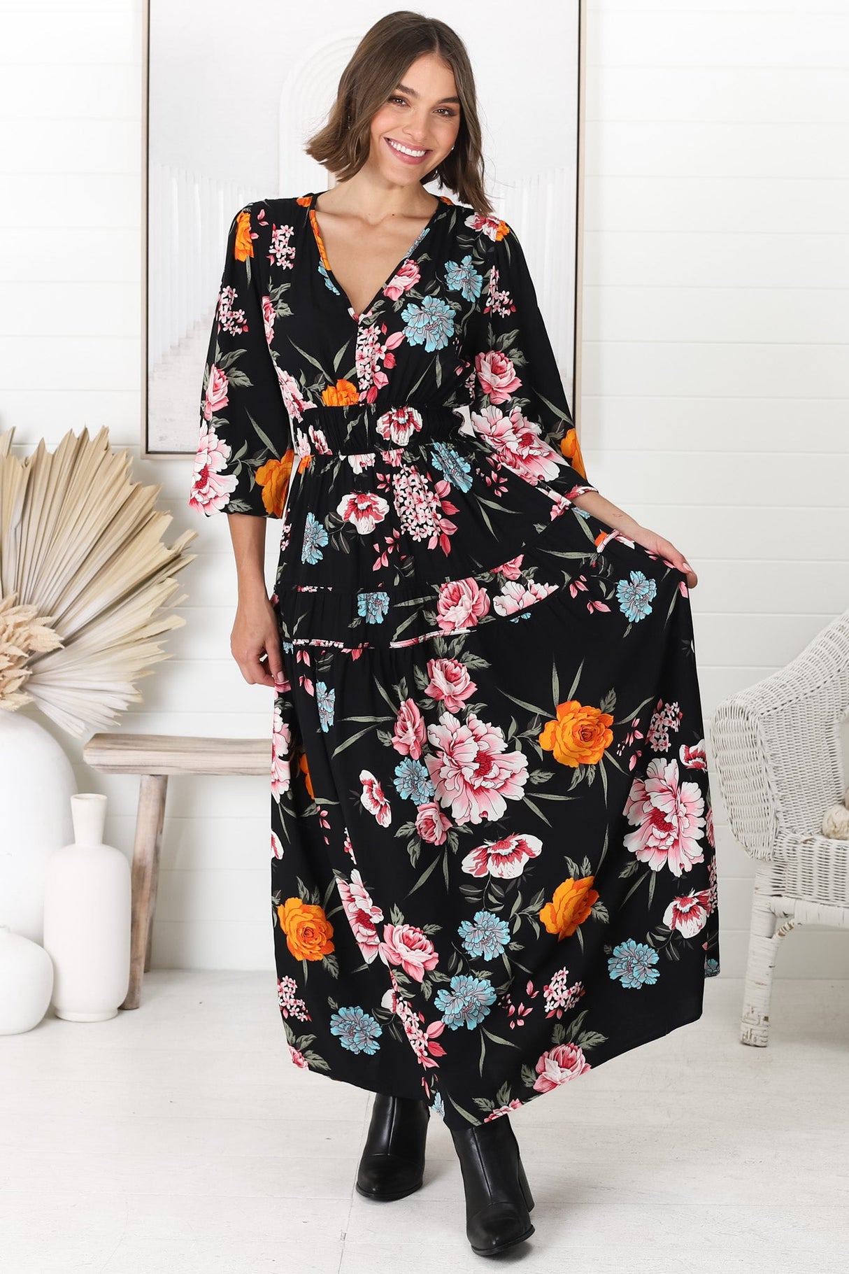 Elza Maxi Dress - A line dress with Balloon Sleeves in our Lena Print