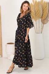 Rae Maxi Dress - Buttoned Bodice Pull Waist A Line Dress in Mahony Print