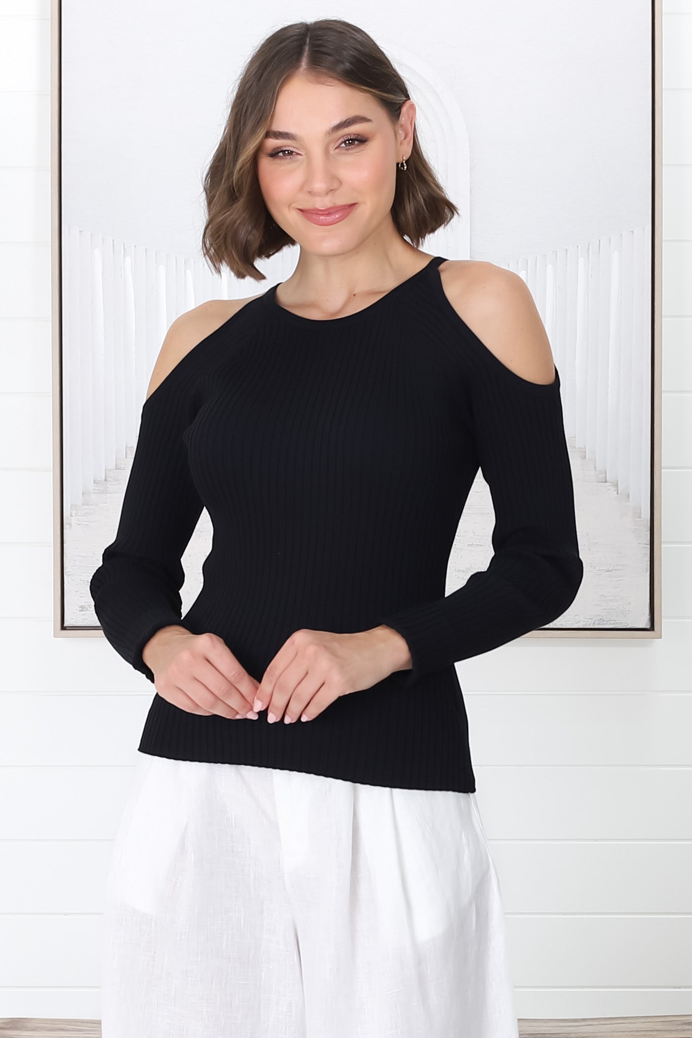 Calvin Knit Top - Cold Shoulder Ribbed Knit Top in Black