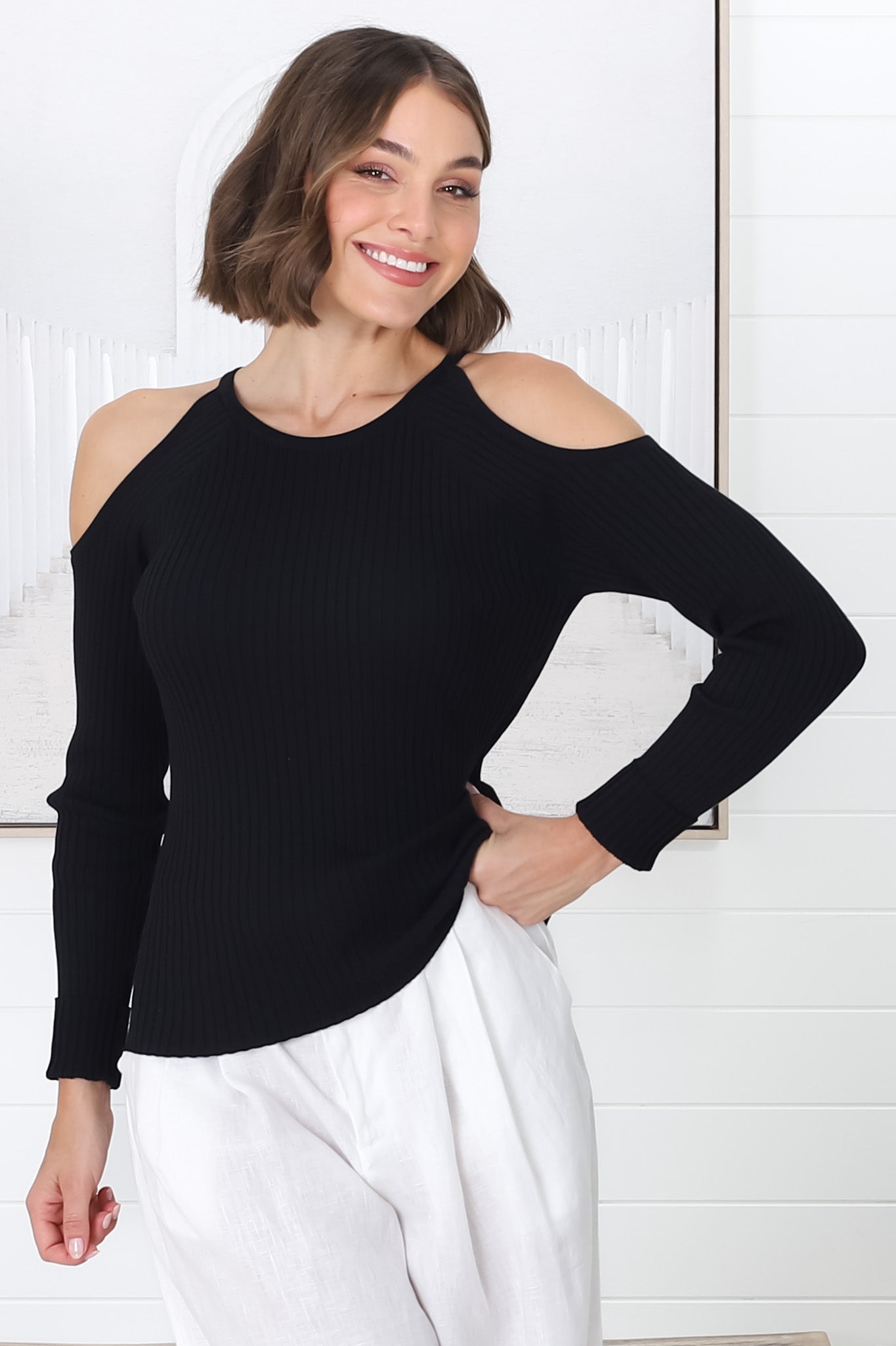 Calvin Knit Top - Cold Shoulder Ribbed Knit Top in Black