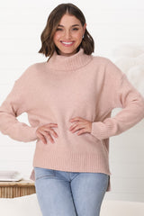 Trilly Jumper - Turtle Neck Realxed Jumper Step Hemline in Pink Marle