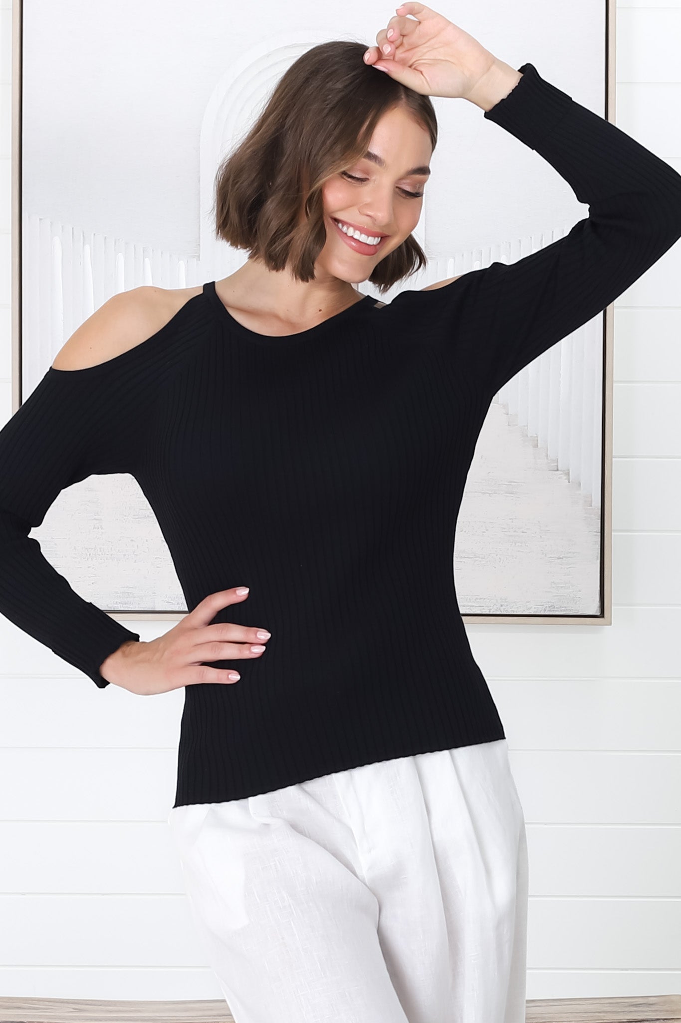 Calvin Knit Top - Cold Shoulder Ribbed Knit Top in Black