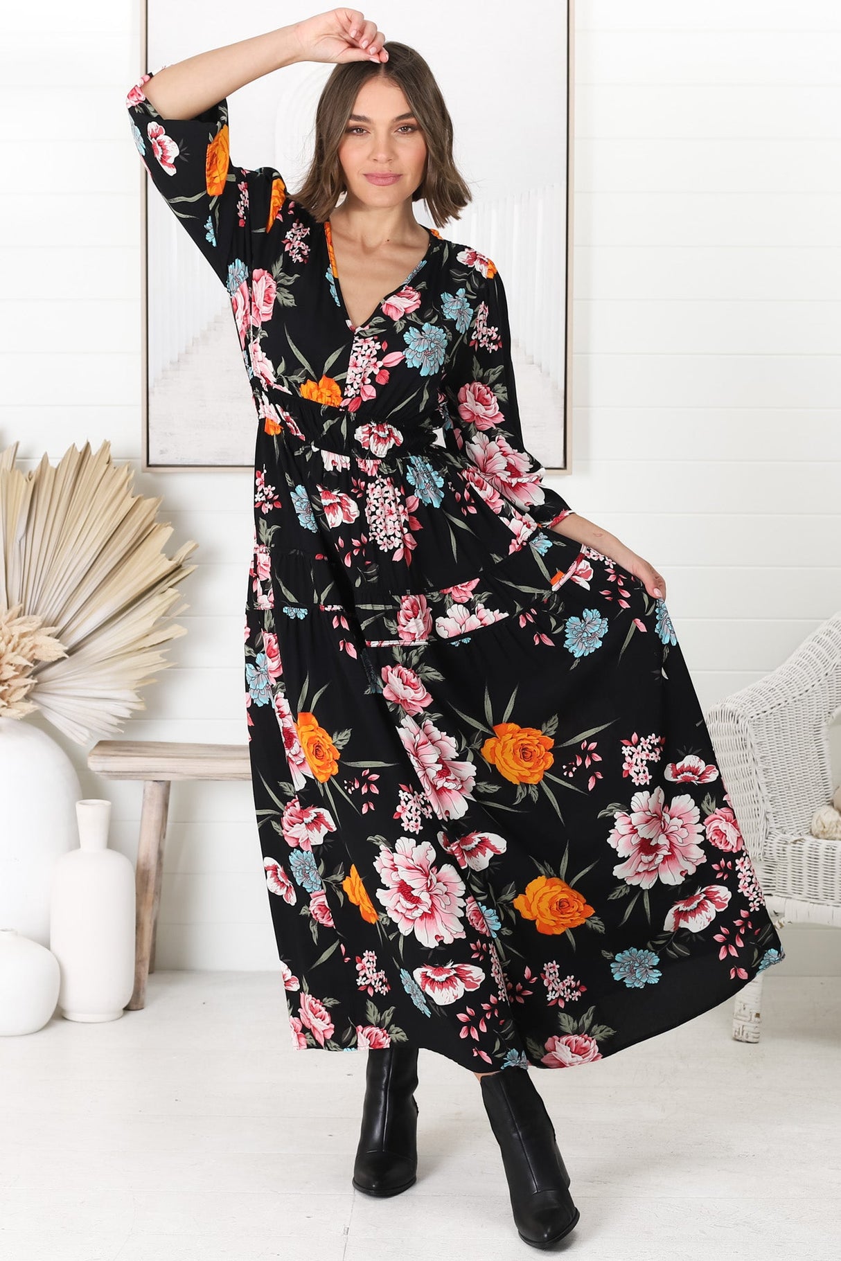 Elza Maxi Dress - A line dress with Balloon Sleeves in our Lena Print