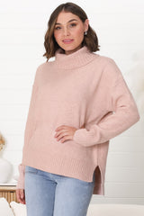 Trilly Jumper - Turtle Neck Realxed Jumper Step Hemline in Pink Marle