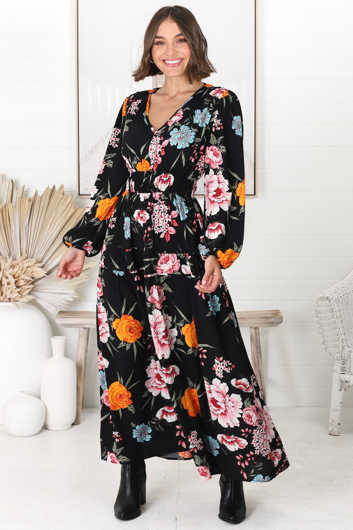 Elza Maxi Dress - A line dress with Balloon Sleeves in our Lena Print