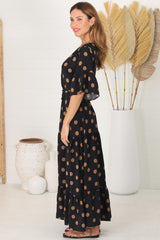 Rae Maxi Dress - Buttoned Bodice Pull Waist A Line Dress in Mahony Print