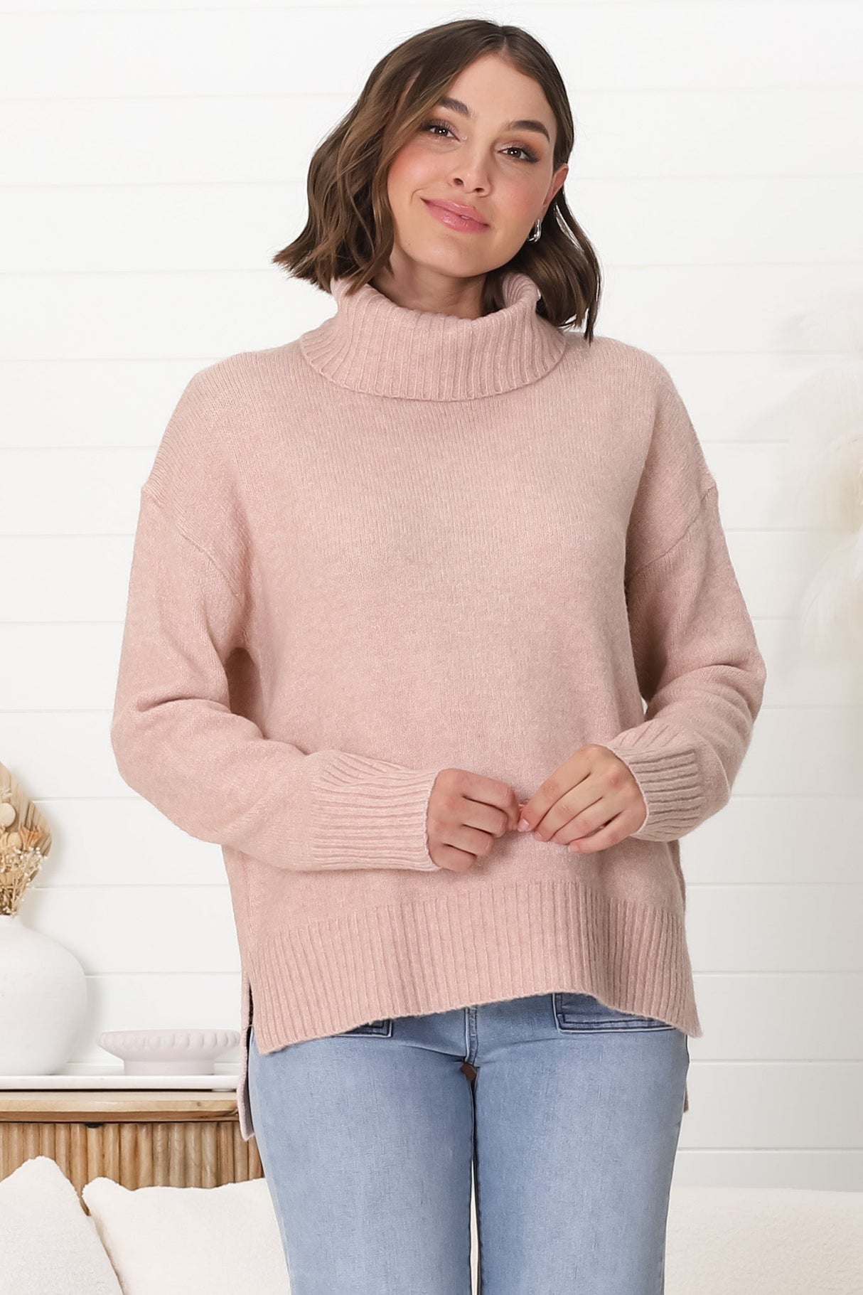 Trilly Jumper - Turtle Neck Realxed Jumper Step Hemline in Pink Marle