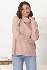 Trilly Jumper - Turtle Neck Realxed Jumper Step Hemline in Pink Marle