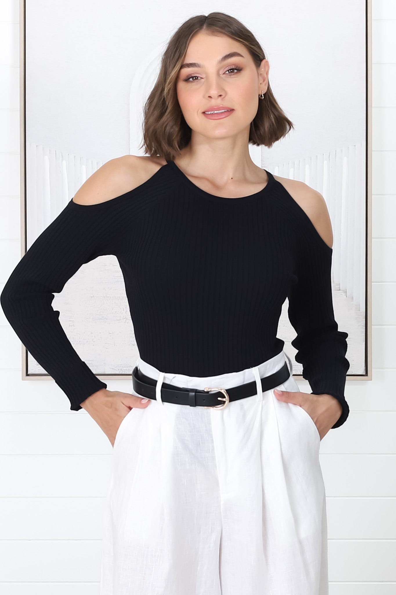 Calvin Knit Top - Cold Shoulder Ribbed Knit Top in Black