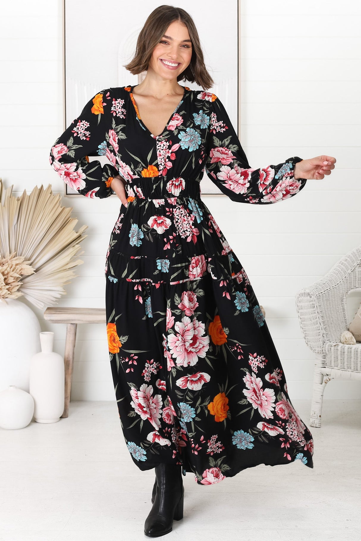 Elza Maxi Dress - A line dress with Balloon Sleeves in our Lena Print