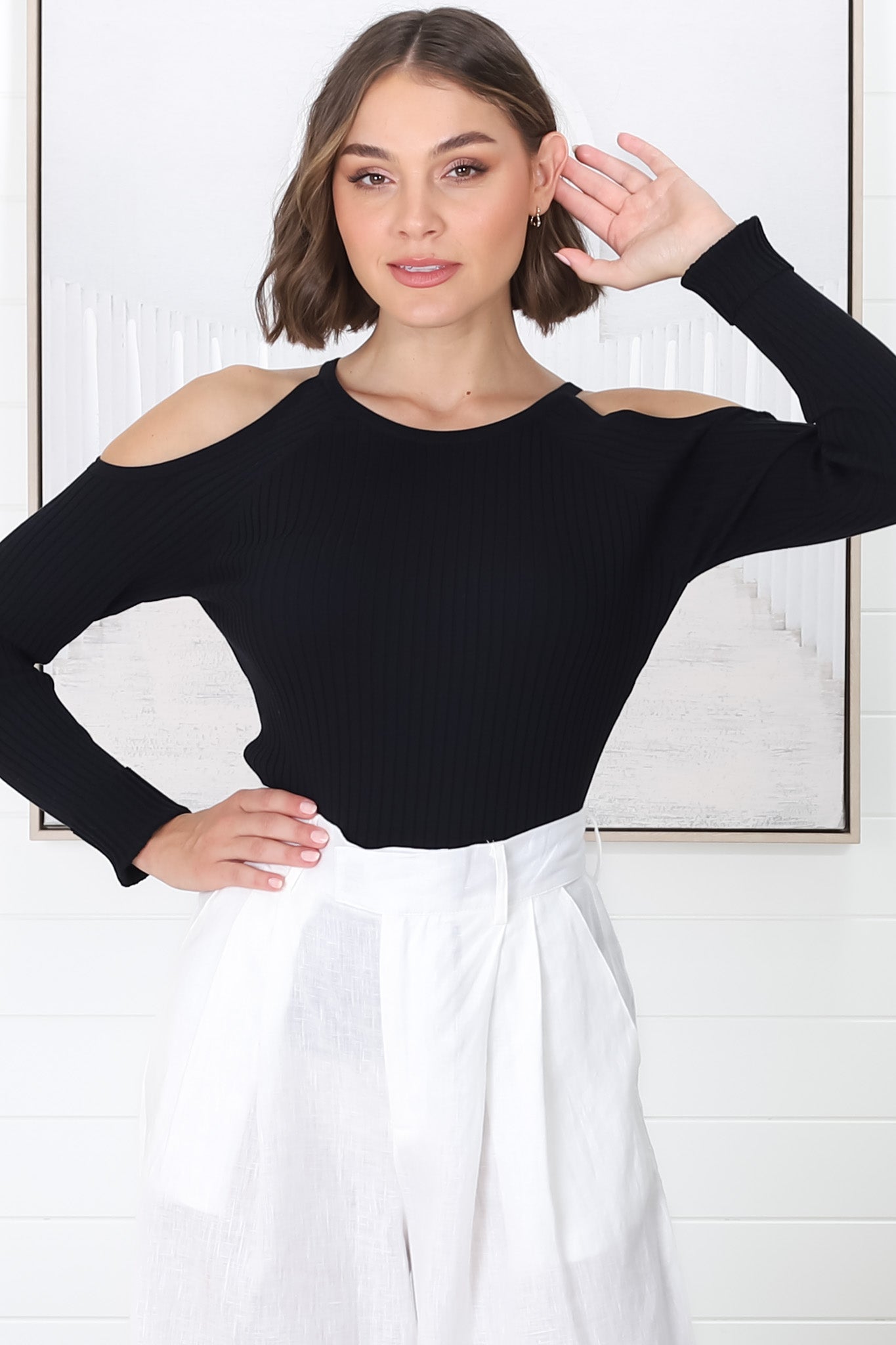 Calvin Knit Top - Cold Shoulder Ribbed Knit Top in Black