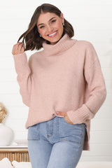 Trilly Jumper - Turtle Neck Realxed Jumper Step Hemline in Pink Marle