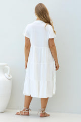 Peggy Midi Dress - Relaxed Mandarin Collar Pleated Bust Tiered Linen Dress in White