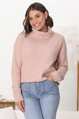 Trilly Jumper - Turtle Neck Realxed Jumper Step Hemline in Pink Marle