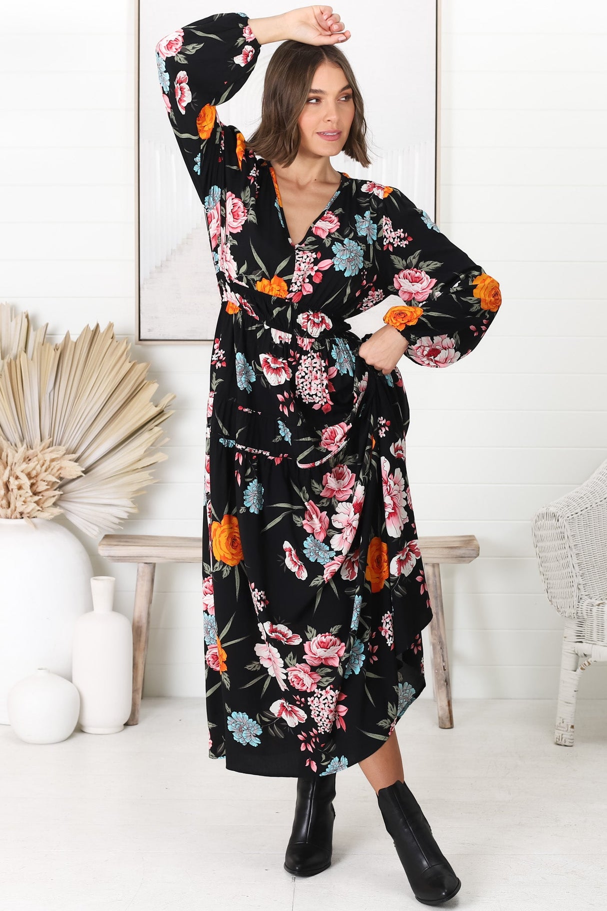 Elza Maxi Dress - A line dress with Balloon Sleeves in our Lena Print